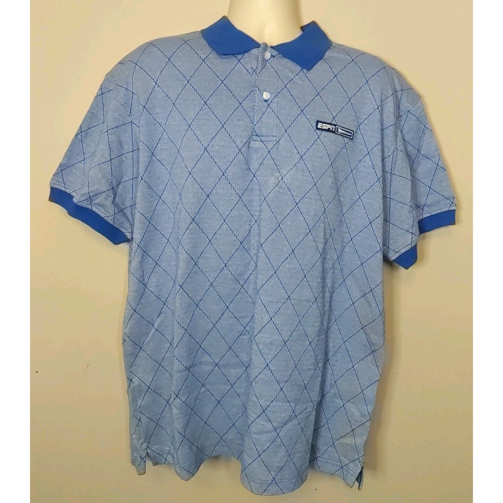 ESPN Men Blue Diamond Pattern Woven Cotton Collared Shortsleeve Polo‎ Size L